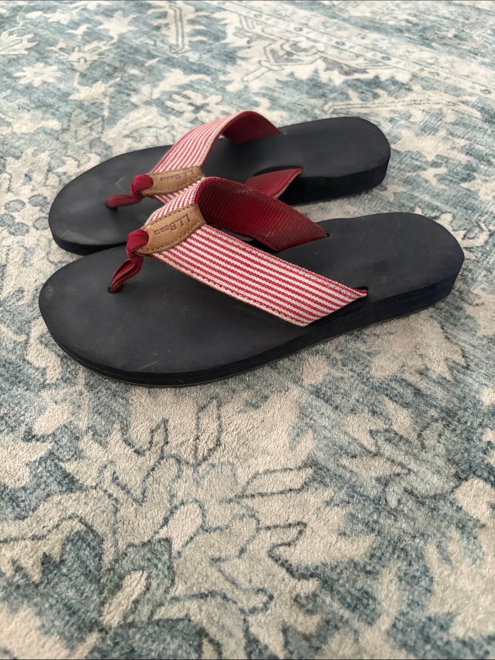 L.L. Bean Red and Black Striped Fabric Flip Flops